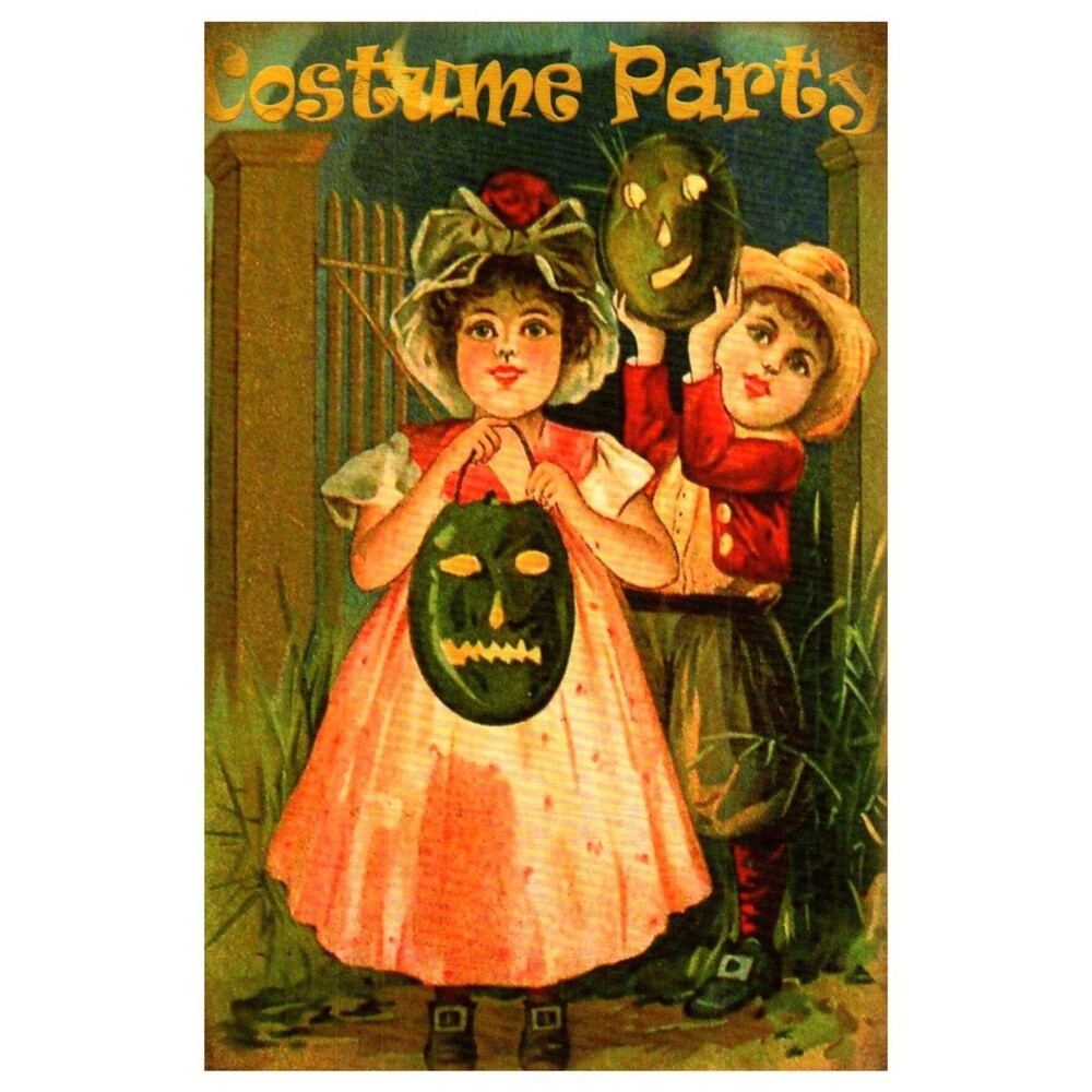 Vintage Style Halloween Postcard Costume Parts Children Jack O Lantern Masks